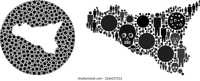 Collage Sicilia map composed of virus icons and men and dead head icons. Sick virus Sicilia map collage designed with sphere and subtracted shape. Collages are designed for clinic doctrines.
