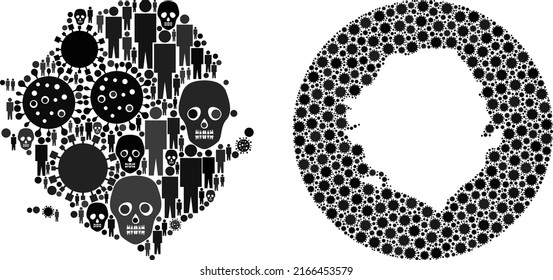 Collage Sierra Leone map designed from covid infection icons and men and skeleton items. Sick virus Sierra Leone map collage designed with sphere and hole. Collages designed for geographic purposes.