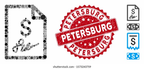 Collage signed bill icon and rubber stamp watermark with Petersburg caption. Mosaic vector is composed with signed bill icon and with scattered spheric spots. Petersburg stamp seal uses red color,