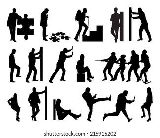 Collage of silhouette business people doing various tasks over white background. Vector image