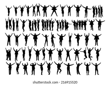 Collage of silhouette business people raising arms in victory over white background. Vector image