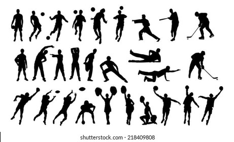 Collage of silhouette cheerleaders and sportsmen isolated over white background. Vector image