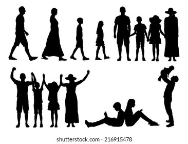 Collage of silhouette families isolated over white background. Vector image