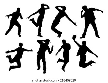 Collage of silhouette man doing various types of dances against white background. Vector image