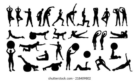 Collage of silhouette people performing various exercises over white background. Vector image