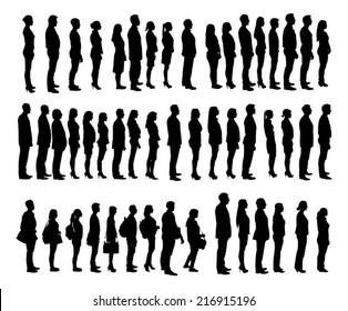 Collage Of Silhouette People Standing In Line Against White Background. Vector Image