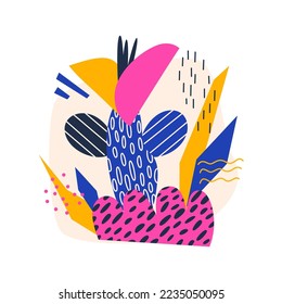 Collage with simple abstract flower and paper cut elements. Childish floral print with different shapes with textures. Vector flat illustration for design of greeting and event cards, posters