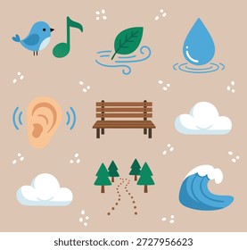 Uma colagem de ícones simples e planos que representam elementos da natureza, sons e relaxamento.