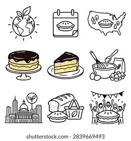 A collage of simple line drawings featuring pies, the earth, baking ingredients, and cityscapes, symbolizing baking and environmental themes.