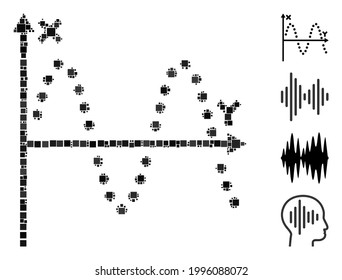 Collage Sine plot icon united from square items in various sizes and color hues. Vector square items are grouped into abstract collage sine plot icon. Bonus pictograms are added.