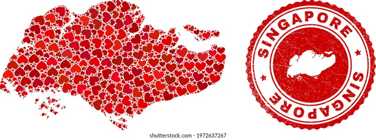 Collage Singapore map created with red love hearts, and rubber stamp. Vector lovely round red rubber stamp imprint with Singapore map inside.