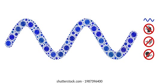 Collage sinusoid wave united from coronavirus items in random sizes and color hues. Vector viral items are arranged into abstract collage sinusoid wave icon. Some bonus icons are added.