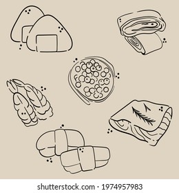 Collage of six Japanese street food icons. Set of hand drawn appetizers and dishes with seafood, rice. Minimalistic charcoal outlines. Isolated on beige. Illustrations for menus, advertising.