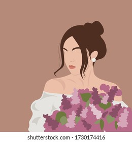 Collage Sketch Portrait. Abstract Contemporary Art Scandinavian Style. Clipart. Trendy Woman. Vector Illustration For Interior, Print, Card, Wallpaper, Decor, Bag, Clothing. Woman With Flowers. Lilac.