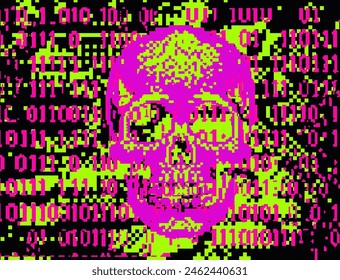 Collage of a skull and binary code on a glitchy pixelated neon background. The concept of cybersecurity and malware.