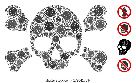 Collage skull crossbones united from flu virus icons in variable sizes and color hues. Vector viral elements are united into abstract collage skull crossbones icon. Some bonus icons are added.