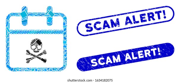 Collage skull deadline day and distressed stamp seals with Scam Alert! text. Mosaic vector skull deadline day is composed with scattered rectangle items. Scam Alert! stamp seals use blue color,