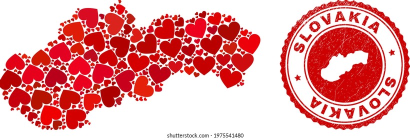 Collage Slovakia map composed with red love hearts, and scratched seal stamp. Vector lovely round red rubber seal imprint with Slovakia map inside.