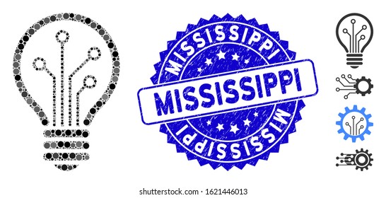 Collage smart bulb icon and distressed stamp seal with Mississippi caption. Mosaic vector is composed with smart bulb icon and with scattered round elements. Mississippi stamp seal uses blue color,