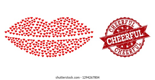 Collage smile lips created with red love hearts, and isolated rubber seal. Composition for Valentines Day. Smile lips concept constructed with small randomized dating heart items.