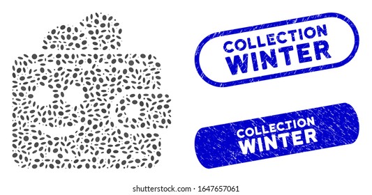 Collage smile wallet and grunge stamp seals with Collection Winter caption. Mosaic vector smile wallet is created with randomized elliptic items. Collection Winter stamp seals use blue color,