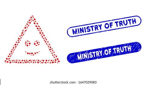 Collage smile warning and rubber stamp seals with Ministry of Truth text. Mosaic vector smile warning is designed with random oval items. Ministry of Truth stamp seals use blue color,