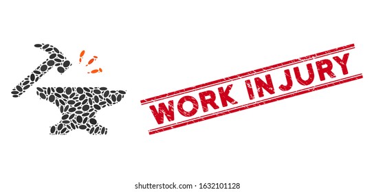 Collage smithy icon and rubber stamp seal with red Work Injury text between double parallel lines. Mosaic vector is formed with smithy icon and with randomized elliptic spots.