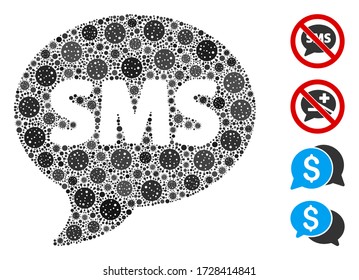 Collage SMS compuesto por iconos del virus covid-2019 en varios tamaños y tonos de color. Los elementos patógenos vectores se organizan en un icono SMS de collage abstracto. Se añaden algunos iconos adicionales.