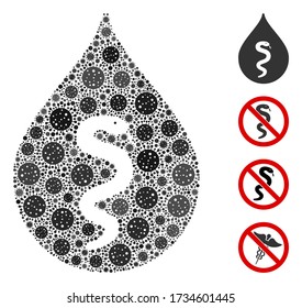 Collage snake oil designed from covid-2019 virus icons in variable sizes and color hues. Vector infection icons are composed into abstract mosaic snake oil icon. Some bonus icons are added.