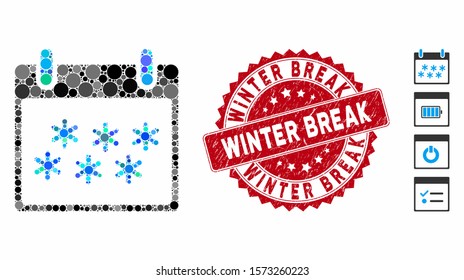 Collage snow calendar day icon and distressed stamp seal with Winter Break phrase. Mosaic vector is composed from snow calendar day icon and with random spheric spots.