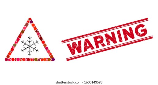 Collage snow warning icon and rubber stamp seal with Warning phrase between double parallel lines. Mosaic vector is designed with snow warning icon and with randomized circle spots.