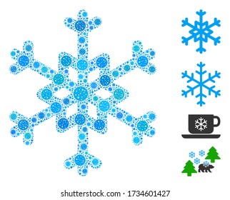 Collage snowflake composed of coronavirus icons in various sizes and color hues. Vector viral icons are composed into abstract composition snowflake icon. Some bonus icons are added.