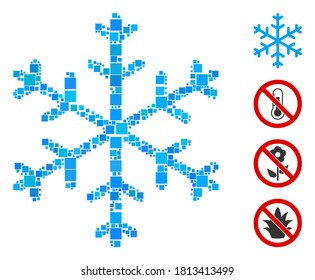 Collage Snowflake Symbol bestehend aus quadratischen Elementen in verschiedenen Größen und Farbtönen. Vektorquadratische Elemente werden zu einem abstrakten Collage Snowflake Icon zusammengeführt. Bonuspiktogramme werden platziert.