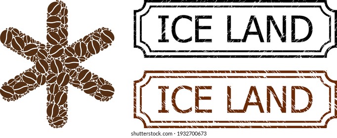 Collage snowflake united from coffee beans, and grunge Ice Land rectangle badges with notches. Vector coffee elements are combined into abstract collage snowflake icon with brown color.