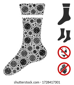 Collage Sock organisiert aus SARS Virus Icons in verschiedenen Größen und Farbtönen. Vector Infektionssymbole werden zu abstrakten Collage Sock Icons zusammengesetzt. Einige Bonussymbole werden hinzugefügt.