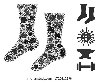Collage socks constructed from coronavirus icons in random sizes and color hues. Vector pathogen parts are arranged into abstract collage socks icon. Some bonus icons are added.