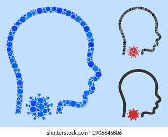 Icono de garganta de la herida por el collage compuesto por elementos del círculo en tamaños aleatorios, posiciones y proporciones. Los elementos redondos azules vectoriales se unen en un icono abstracto de garganta irritada por collage. Fondo azul claro.