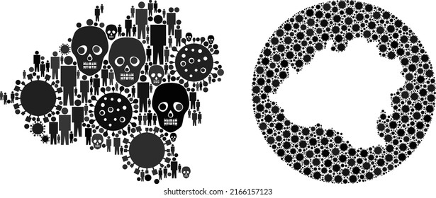 Collage Soria Province map united from flu virus icons and people and mortal icons. Sick virus Soria Province map collage composed with sphere and subtracted space.