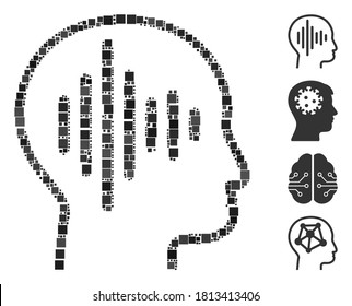 Collage Sound thinking icon organized from square elements in different sizes and color hues. Vector square elements are composed into abstract collage sound thinking icon. Bonus pictograms are placed