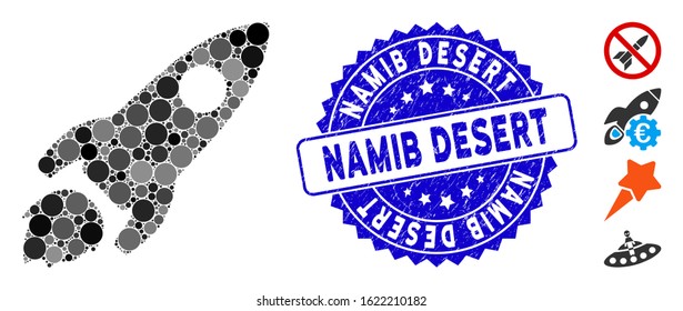 Collage space rocket icon and corroded stamp seal with Namib Desert text. Mosaic vector is created with space rocket icon and with random spheric elements. Namib Desert stamp uses blue color,