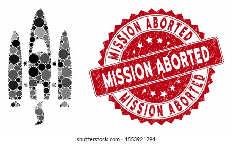 Collage space shuttle and grunge stamp seal with Mission Aborted text. Mosaic vector is composed with space shuttle icon and with scattered circle items. Mission Aborted stamp seal uses red color,