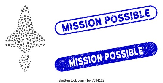 Sammeln Sie Platz Shuttle und Grunge Stempel Siegel mit Mission Mögliche Bildunterschrift. Die Raumfähre der Mosaik-Vektorillustration besteht aus randomisierten elliptischen Flecken. Mission Mögliche Siegel verwenden blaue Farbe,