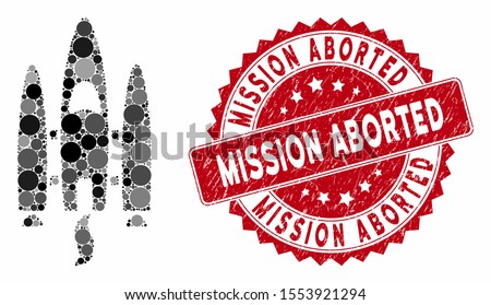 Collage space shuttle and grunge stamp seal with Mission Aborted text. Mosaic vector is composed with space shuttle icon and with scattered circle items. Mission Aborted stamp seal uses red color,