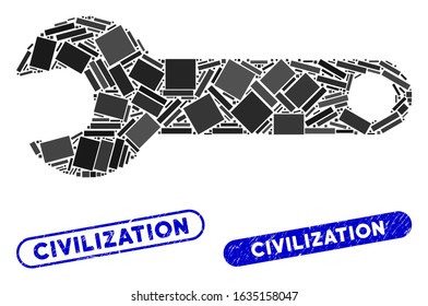 Collage spanner and grunge stamp seals with Civilization caption. Mosaic vector spanner is composed with randomized rectangle items. Civilization stamp seals use blue color,