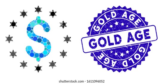 Collage sparkle dollar icon and grunge stamp watermark with Gold Age text. Mosaic vector is designed with sparkle dollar pictogram and with scattered round items. Gold Age stamp seal uses blue color,