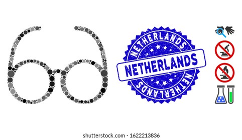 Collage spectacles icon and corroded stamp seal with Netherlands caption. Mosaic vector is composed with spectacles icon and with randomized spheric items. Netherlands stamp seal uses blue color,