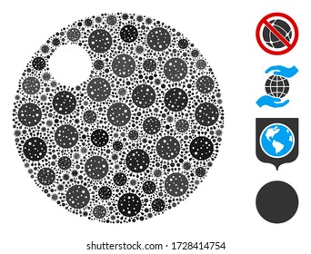 Esfera de color construida a partir de elementos del virus de la gripe en tamaños aleatorios y tonos de color. Los elementos patógenos vectoriales se organizan en un icono abstracto de esfera de collage. Se añaden algunos iconos adicionales.