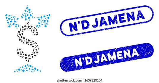 Collage split payment and rubber stamp seals with N'Djamena caption. Mosaic vector split payment is composed with random oval parts. N'Djamena stamp seals use blue color,