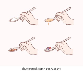 Collage of spoons with different food isolated on white. Hand drawn style vector design illustrations.