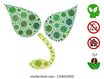 Collage sprout composed of covid-2019 virus items in different sizes and color hues. Vector infection icons are grouped into abstract collage sprout icon. Some bonus icons are added.
